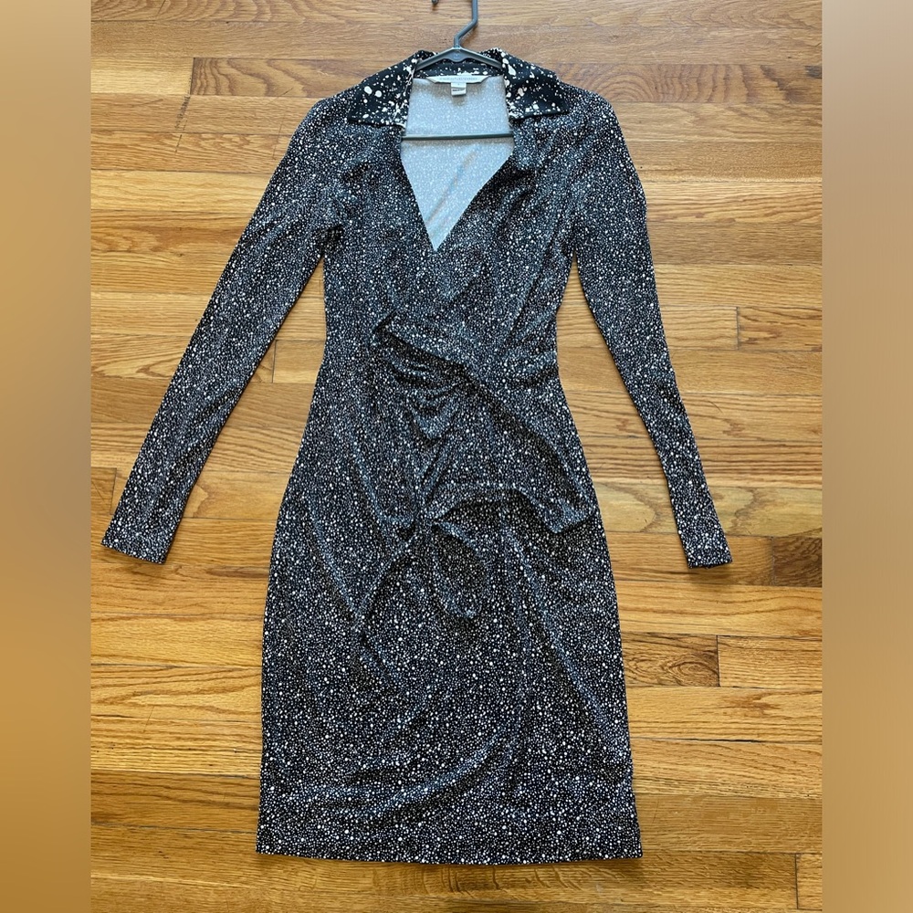 Diane Von Furstenberg black and white faux wrap dress, size 2
